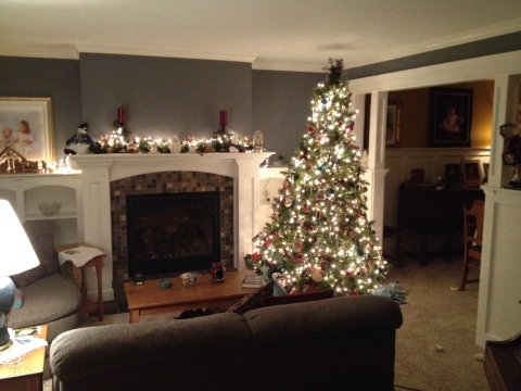 The finished living room, during Christmastime.  